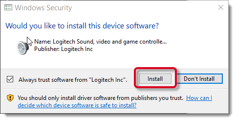 Confirm installing Logitech software.